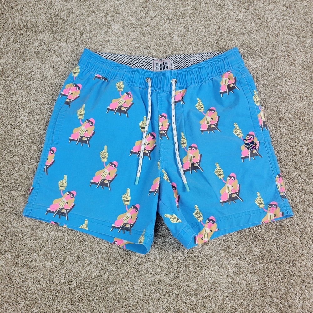 Party‎ Pants Mens Small Blue AOP Hot Dog Beer Swimsuit Elastic Waist Drawstring